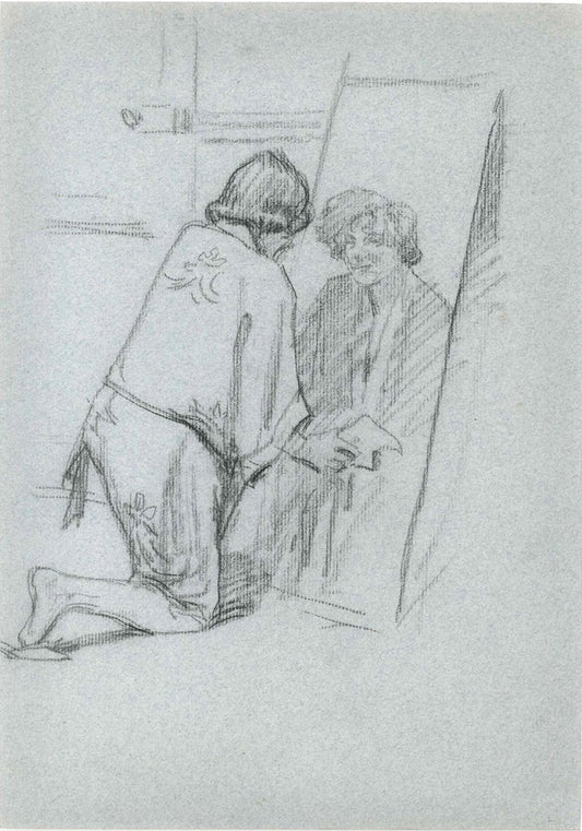 Figure in the Mirror - Pencil Drawing Mid 20th Century Mid 20th century