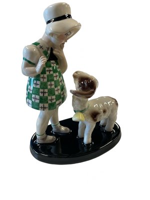 Figurine of Standing Girl with Hat and Lamb in Earthenware by Claire Weiss for Goldscheider-WMV-2019554