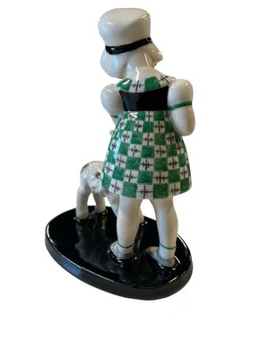 Figurine of Standing Girl with Hat and Lamb in Earthenware by Claire Weiss for Goldscheider-WMV-2019554