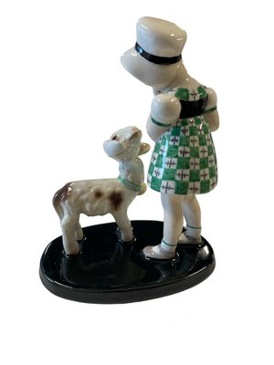 Figurine of Standing Girl with Hat and Lamb in Earthenware by Claire Weiss for Goldscheider-WMV-2019554