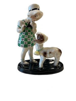 Figurine of Standing Girl with Hat and Lamb in Earthenware by Claire Weiss for Goldscheider-WMV-2019554