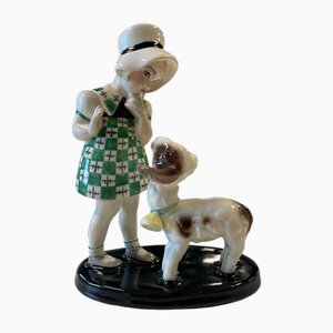 Figurine of Standing Girl with Hat and Lamb in Earthenware by Claire Weiss for Goldscheider-WMV-2019554