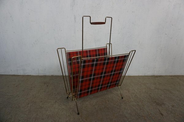 Filigree Newspaper Rack with Checked Pattern and Teak Handle-GPQ-1783858