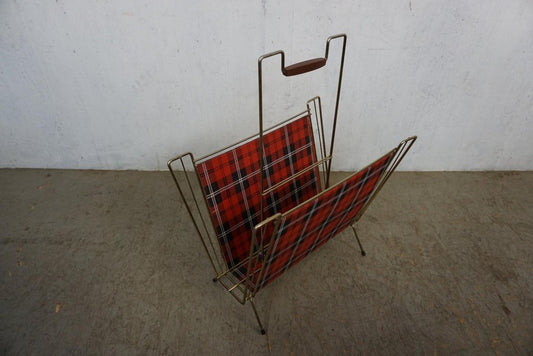 Filigree Newspaper Rack with Checked Pattern and Teak Handle