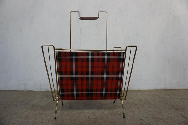 Filigree Newspaper Rack with Checked Pattern and Teak Handle-GPQ-1783858