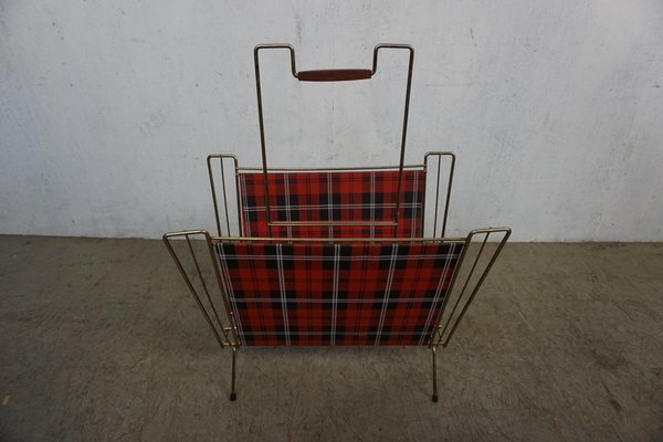 Filigree Newspaper Rack with Checked Pattern and Teak Handle-GPQ-1783858