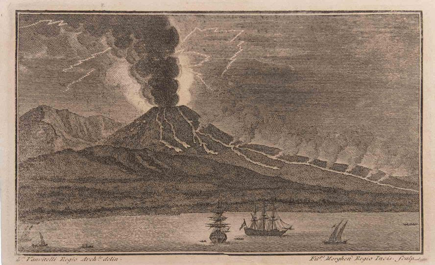 Filippo Morghen, Seascape with Vesuvius and Boats, Etching, 18th Century