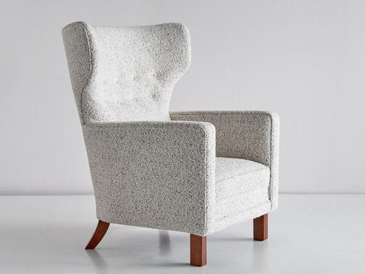 Finnish Pearl Bouclé Fabric and Beech Wingback Armchair by Paul Boman for Boman OY, 1940s-FMT-737401