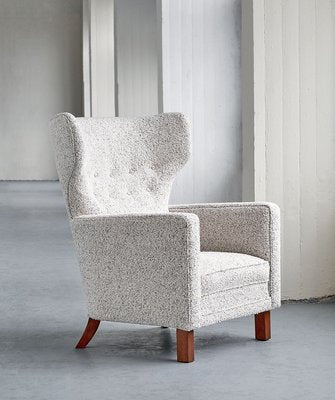 Finnish Pearl Bouclé Fabric and Beech Wingback Armchair by Paul Boman for Boman OY, 1940s-FMT-737401