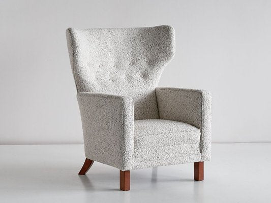 Finnish Pearl Bouclé Fabric and Beech Wingback Armchair by Paul Boman for Boman OY, 1940s-FMT-737401