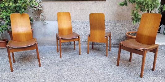 Fiorenza Model Chairs in Curved Plywood and Brown Tito Agnoli Leather by Tito Agnoli for Molteni, 1970s, Set of 4