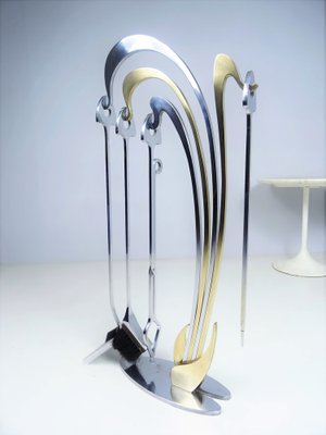 Fire Irons with Stand in Brass and Stainless Steel by Jacques Charles for Maison Charles, 1970s, Set of 5-FPY-1405433