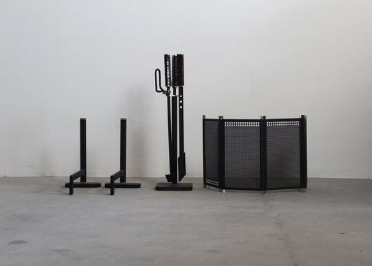 Fireplace Set in Iron and Brass by Tobia & Afra Scarpa for Dimensione Fuoco, 1980s, Set of 4