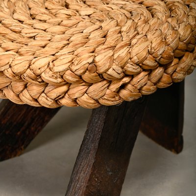 Fireplace Stool in Oak and Straw by Adrien Audoux and Frida Minet, France, 1950s-JK-2043631