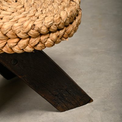 Fireplace Stool in Oak and Straw by Adrien Audoux and Frida Minet, France, 1950s-JK-2043631