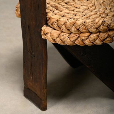 Fireplace Stool in Oak and Straw by Adrien Audoux and Frida Minet, France, 1950s-JK-2043631