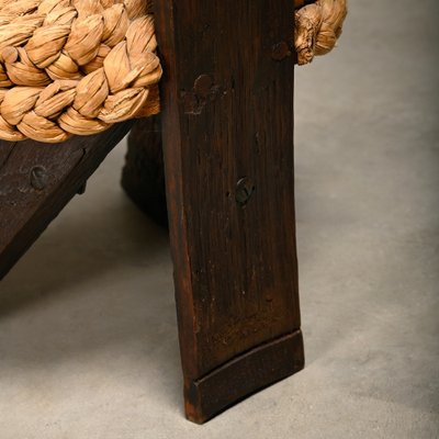 Fireplace Stool in Oak and Straw by Adrien Audoux and Frida Minet, France, 1950s-JK-2043631