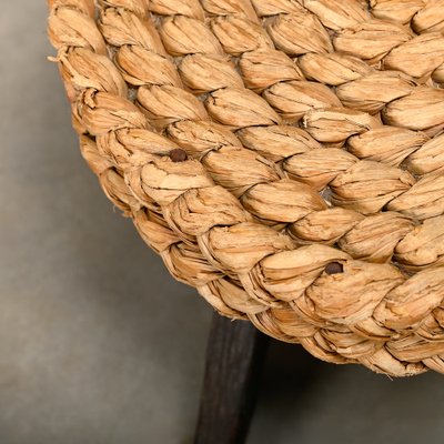 Fireplace Stool in Oak and Straw by Adrien Audoux and Frida Minet, France, 1950s-JK-2043631