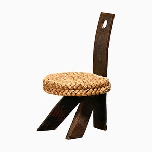 Fireplace Stool in Oak and Straw by Adrien Audoux and Frida Minet, France, 1950s-JK-2043631