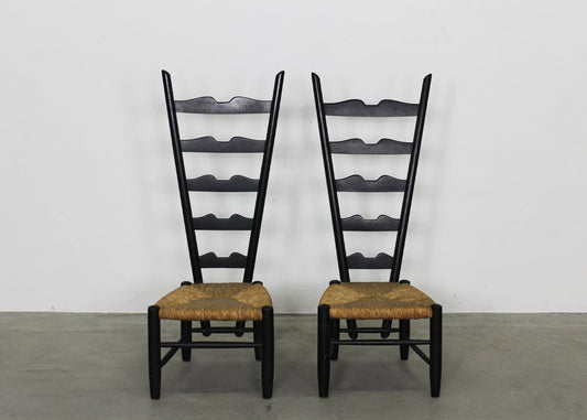 Fireside Chairs in Black Lacquered Wood and Rush by Gio Ponti for Casa E Giardino, 1950s, Set of 2