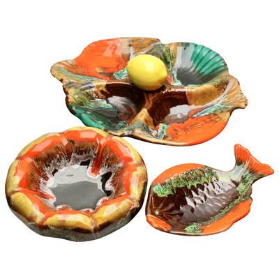 Fish and Oyster Plates with Drip Glaze from Vallauris, Set of 3-MJY-1148752