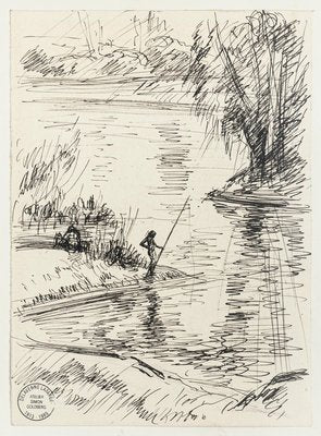 Fisherman - Original Pen Drawing by S. Goldberg - Mid 20th Century Mid 20th Century-ZCI-758151