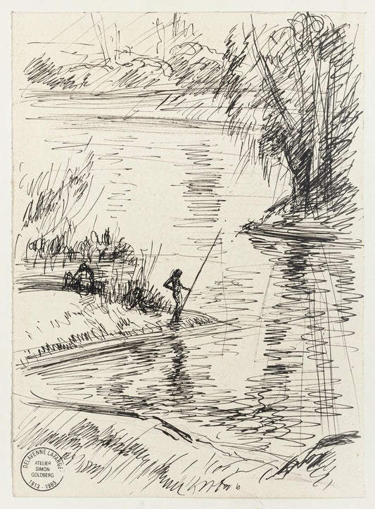 Fisherman - Original Pen Drawing by S. Goldberg - Mid 20th Century Mid 20th Century