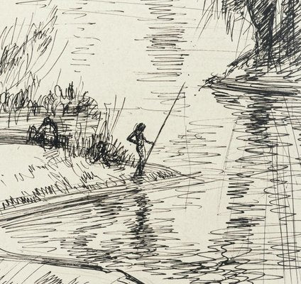 Fisherman - Original Pen Drawing by S. Goldberg - Mid 20th Century Mid 20th Century-ZCI-758151