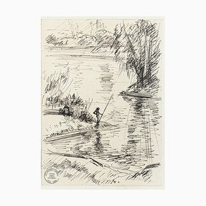 Fisherman - Original Pen Drawing by S. Goldberg - Mid 20th Century Mid 20th Century-ZCI-758151