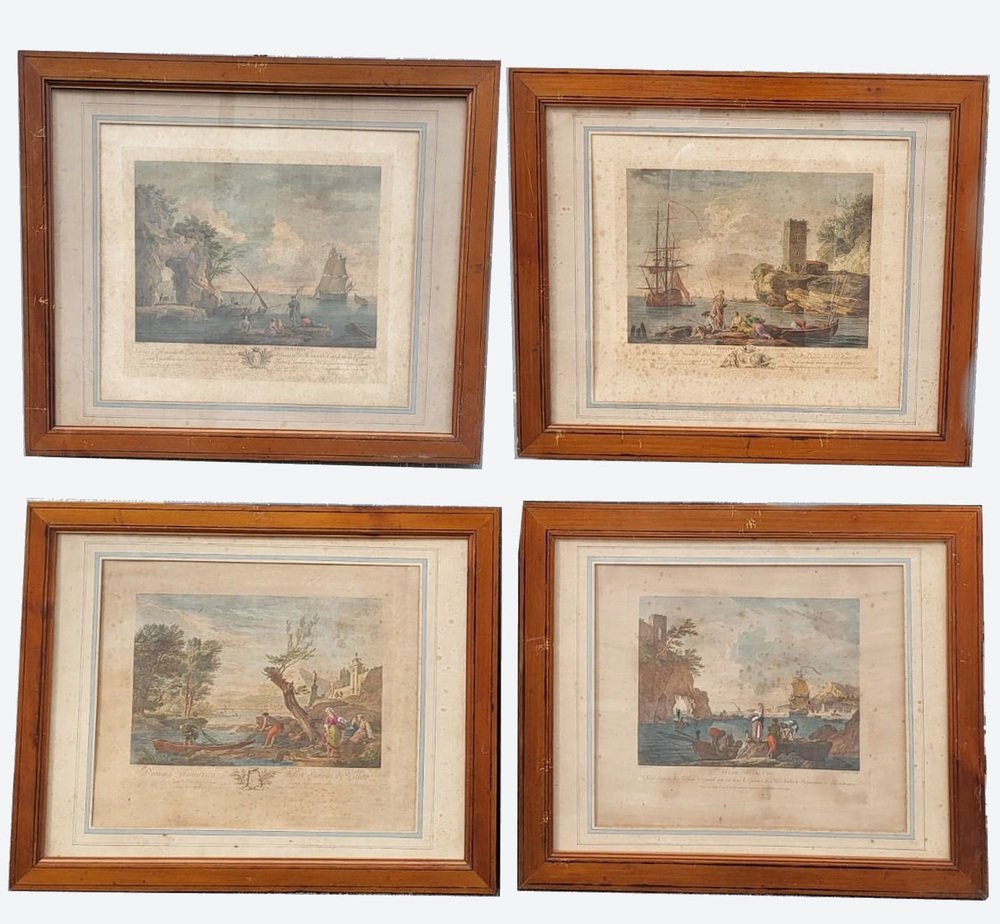 Fishing, 1800s, Etchings, Framed, Set of 4