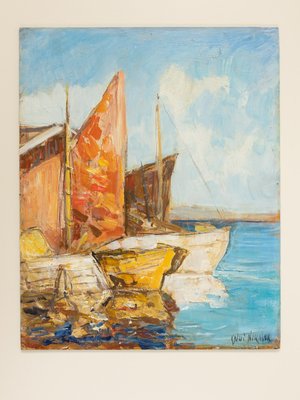 Fishing Boats in Venice, Oil on Panel, Framed-GPP-1054014