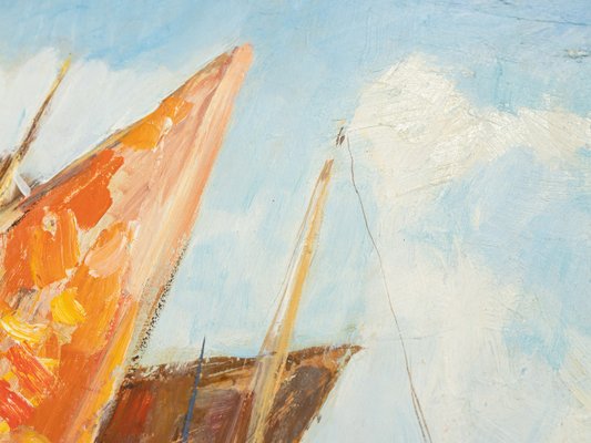 Fishing Boats in Venice, Oil on Panel, Framed