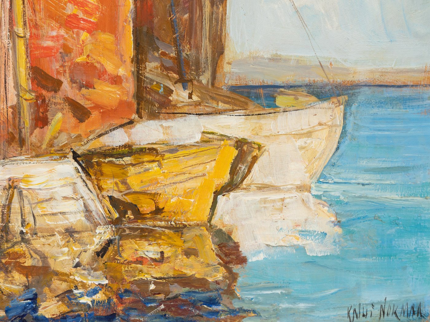 Fishing Boats in Venice, Oil on Panel, Framed