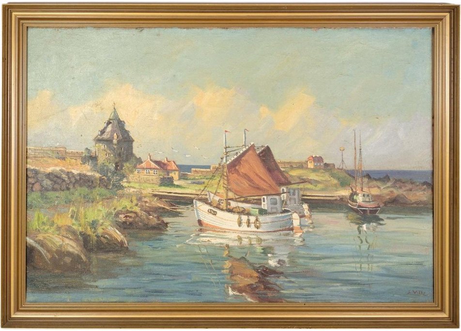 Fishing Boats Near Shore, 1930s, Oil on Canvas, Framed