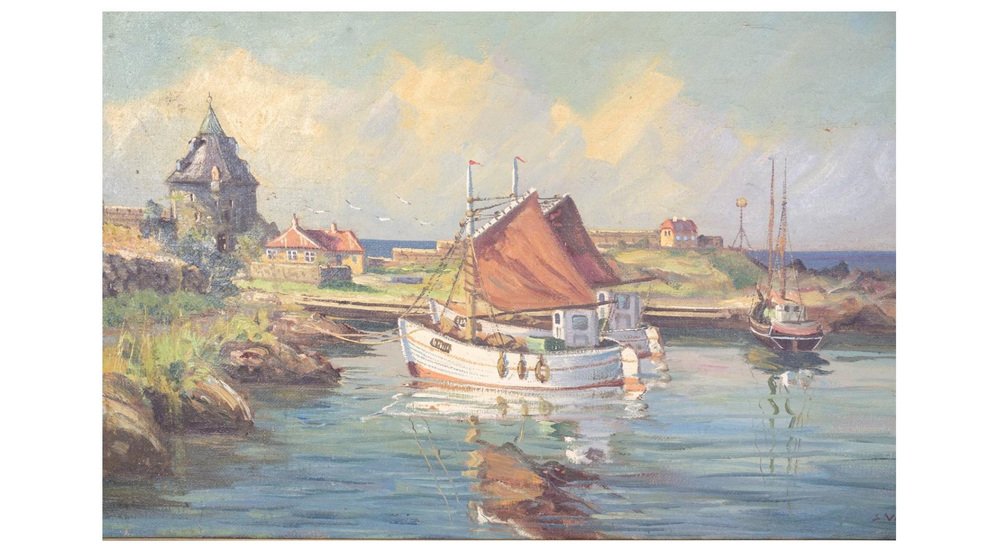 Fishing Boats Near Shore, 1930s, Oil on Canvas, Framed