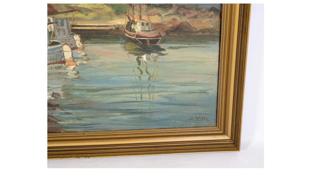 Fishing Boats Near Shore, 1930s, Oil on Canvas, Framed