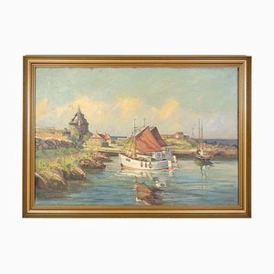 Fishing Boats Near Shore, 1930s, Oil on Canvas, Framed-UY-1274073