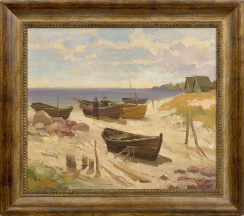 Fishing Boats, Oil on Canvas, 20th Century, Framed