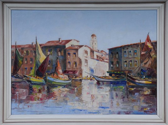 Fishing Harbor in St. Tropez, 20th Century, Oil on Canvas, Framed-FLW-1402169