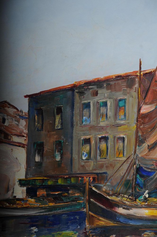 Fishing Harbor in St. Tropez, 20th Century, Oil on Canvas, Framed