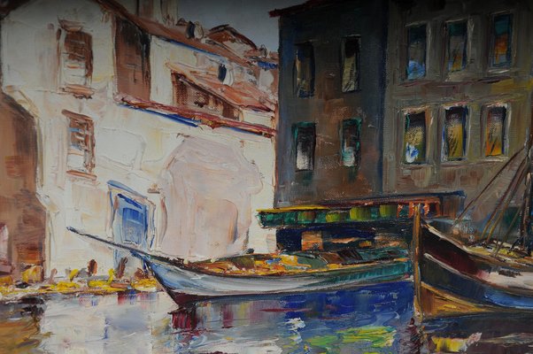 Fishing Harbor in St. Tropez, 20th Century, Oil on Canvas, Framed-FLW-1402169