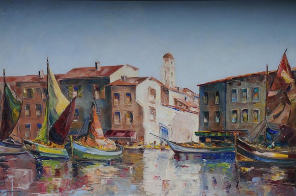 Fishing Harbor in St. Tropez, 20th Century, Oil on Canvas, Framed-FLW-1402169