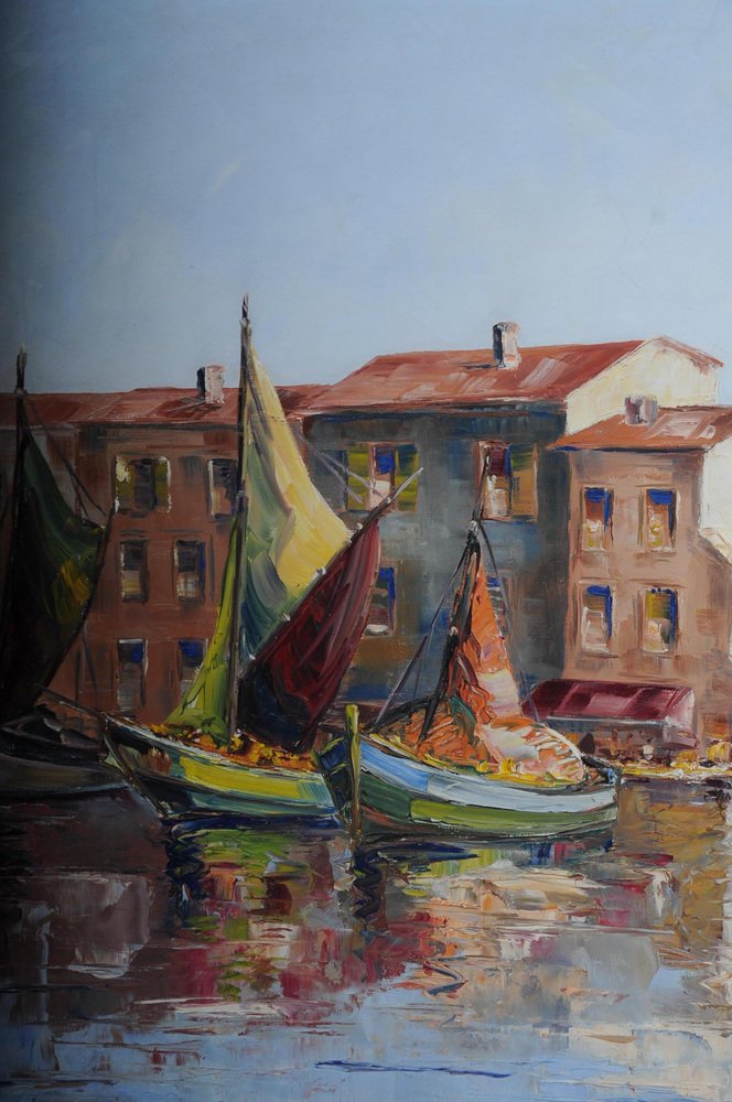 Fishing Harbor in St. Tropez, 20th Century, Oil on Canvas, Framed