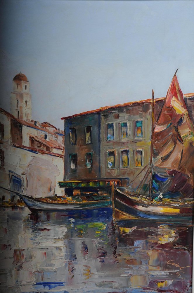 Fishing Harbor in St. Tropez, 20th Century, Oil on Canvas, Framed