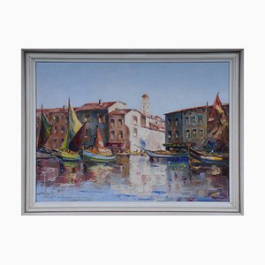 Fishing Harbor in St. Tropez, 20th Century, Oil on Canvas, Framed-FLW-1402169