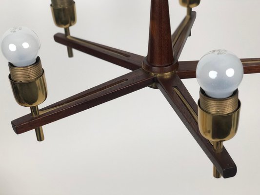 Five Arms Chandelier in Teak Wood and Brass by J. T. Kalmar for Kalmar, 1965-BAF-1761339