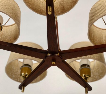 Five Arms Chandelier in Teak Wood and Brass by J. T. Kalmar for Kalmar, 1965-BAF-1761339