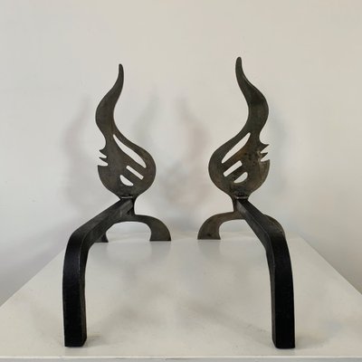 Flame Brass Andirons, France, 1960s, Set of 2-EW-1818636