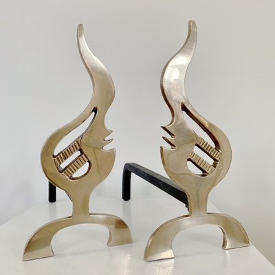 Flame Brass Andirons, France, 1960s, Set of 2-EW-1818636