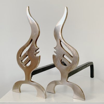 Flame Brass Andirons, France, 1960s, Set of 2-EW-1818636